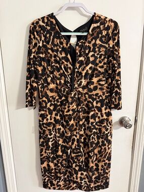 Leopard Print Twist Front Dress in Tan & Black